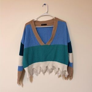SHEIN Blue and Teal V-Neck Frayed Sweater